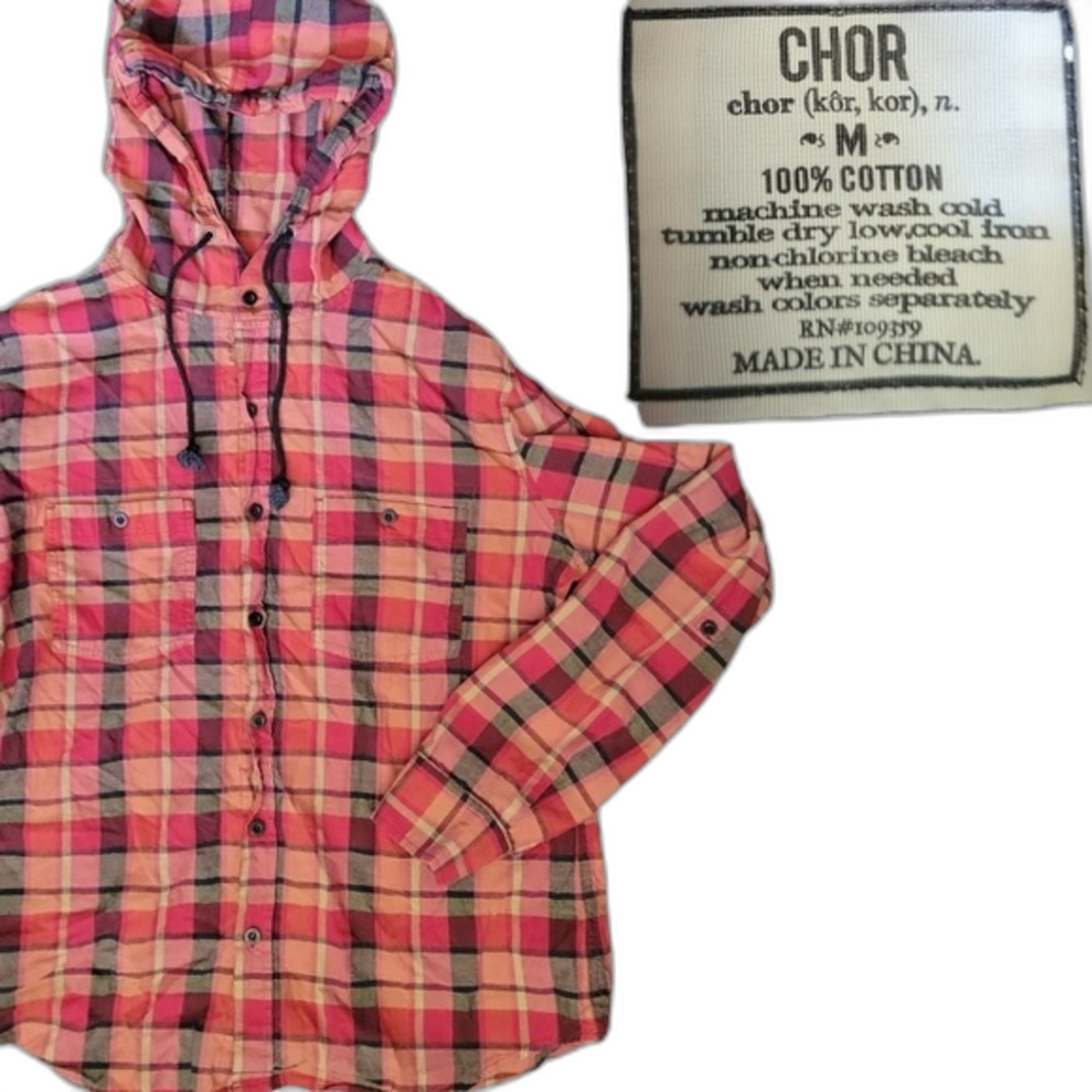 Chor Long Sleeve Hooded Red&Black Plaid Button Down - M - 100% Cotton